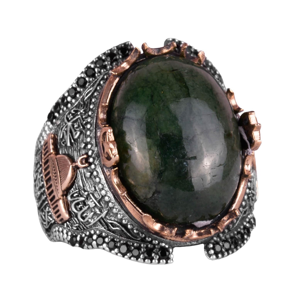 Al-Aqsa Mosque Pattern Cabochon Emerald Stone Ring, 925 Sterling Silver Men's Ring