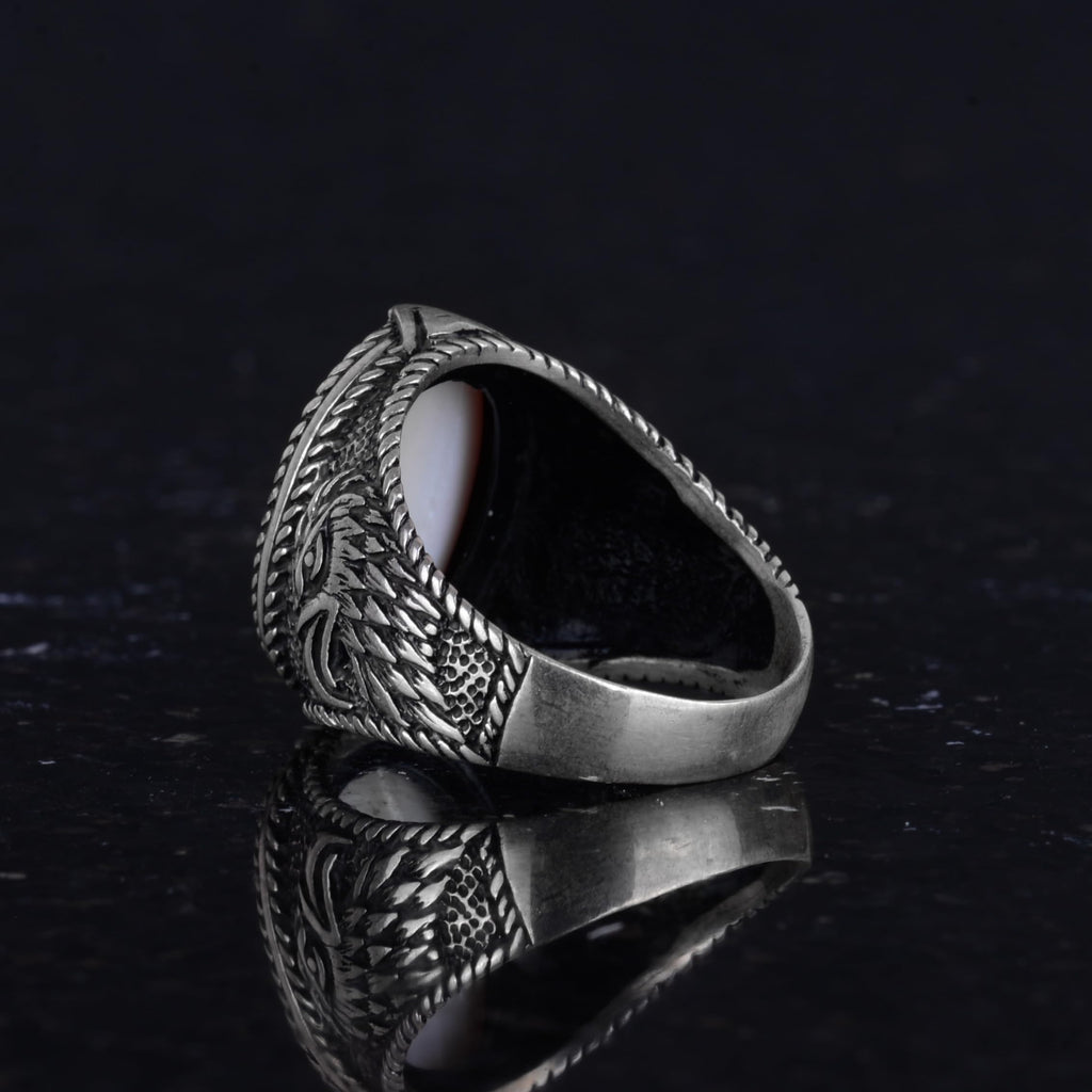 Men's Crescent and Star Eagle Ring - 925 Sterling Silver Ring - Crescent and Star Design - Turkish Crescent and Star Flag Eagle Design Ring (Red) — 7