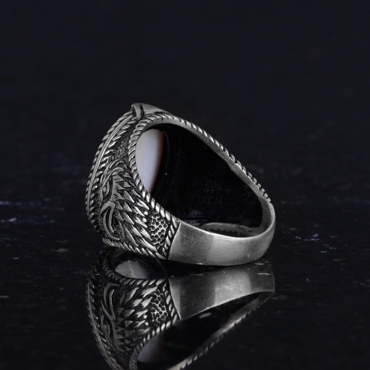 Men's Crescent and Star Eagle Ring - 925 Sterling Silver Ring - Crescent and Star Design - Turkish Crescent and Star Flag Eagle Design Ring (Red) — 7