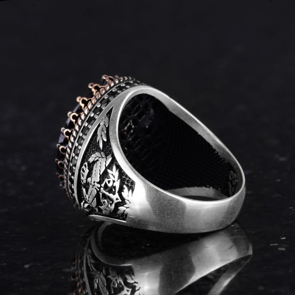 KAMBO 925 Sterling Silver Men's Ring, Created Stone Ring, Eagle Symbol Ring, Handmade Ring (Created Garnet) — 7
