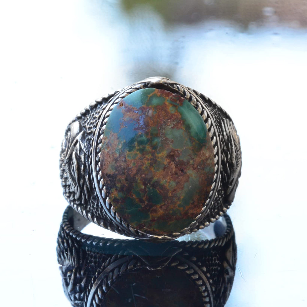 Natural Green Turquoise Hawk Design Ring - 925 Sterling Silver Handmade Men's Jewelry — 5