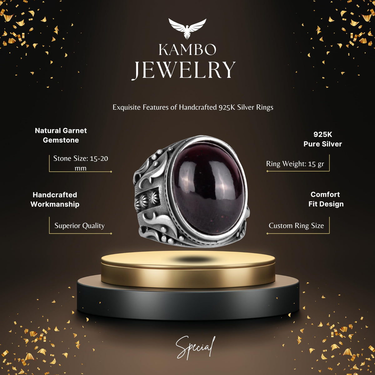 925 Sterling Silver Natural Garnet Stone Ring — 2