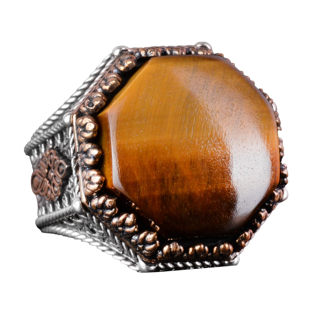 Natural Tiger's Eye Stone Ring - Octagonal Design - Handmade 925 Sterling Silver Jewelry