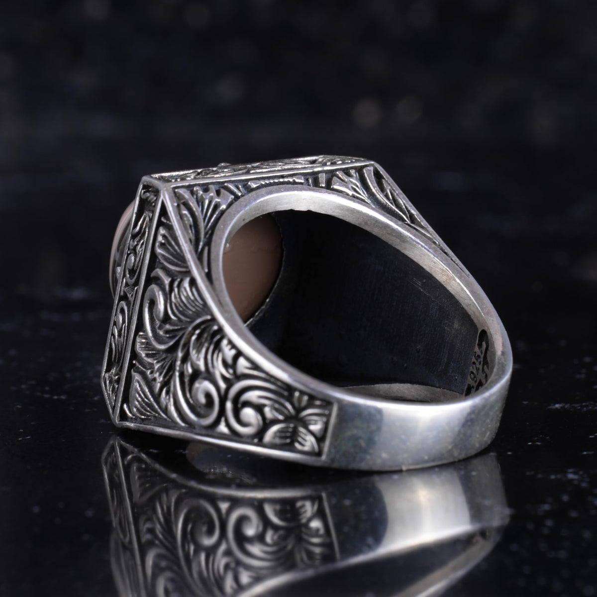 KAMBO Natural Round Stone Square Men's Ring 925 Sterling Silver – Ottoman Pattern Handmade Stone Ring (Yemen Agate) — 7