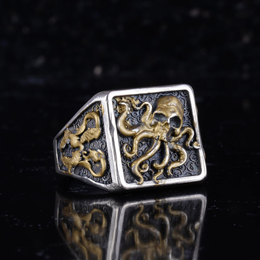KAMBO Octopus Symbol Men's Ring – 925 Sterling Silver with Gold Plated Detail Square Ring – Handmade Descriptive Jewelry — 6