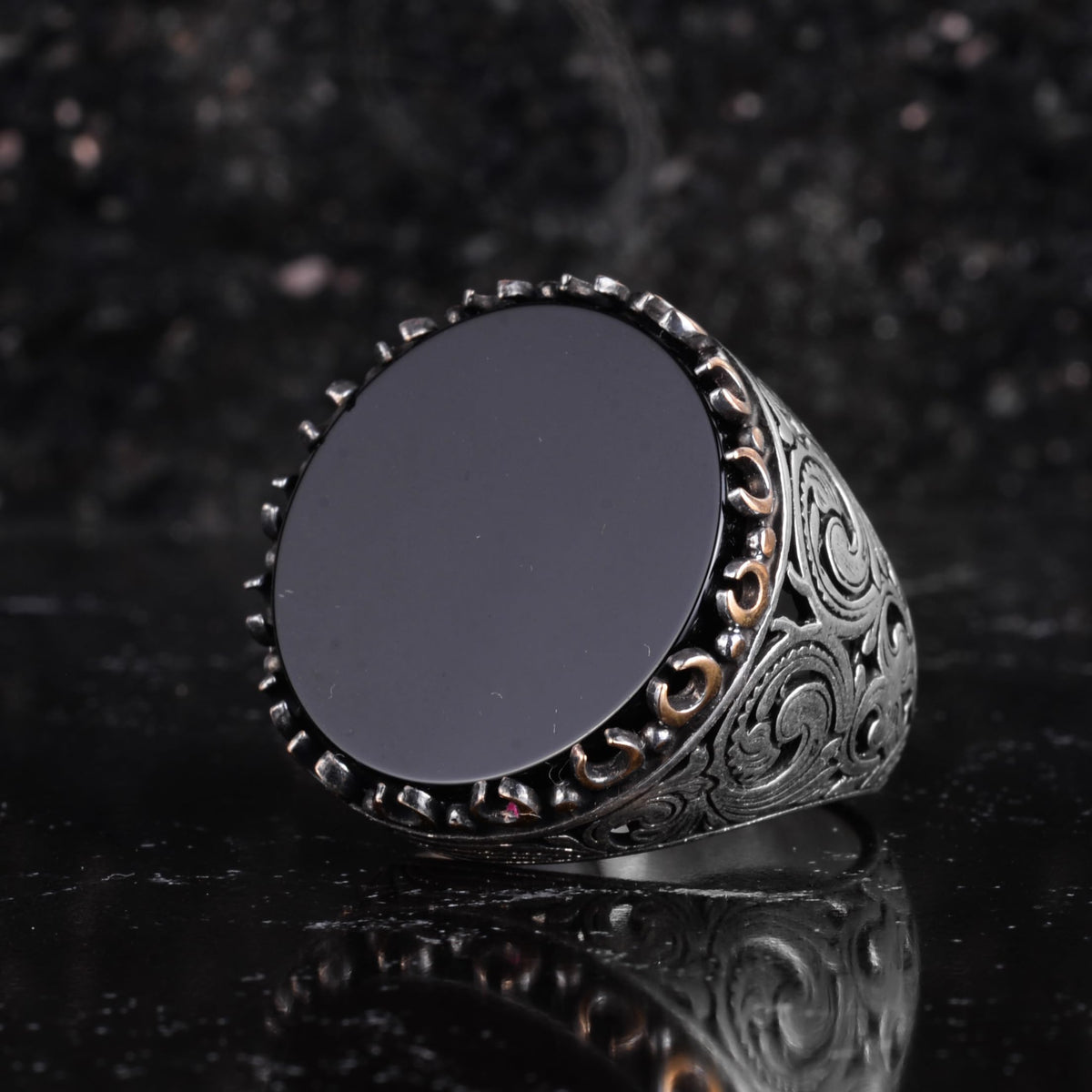KAMBO Natural Stone Round Large Men's Ring – 925 Sterling Silver Handmade Ring – Statement Ring – Vintage Ottoman Style Men's Jewelry (Onyx) — 5