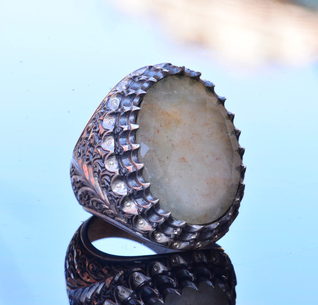 Genuine Real Natural Sapphire Gemstone Ring, 925k Sterling Silver Big Men's Ring