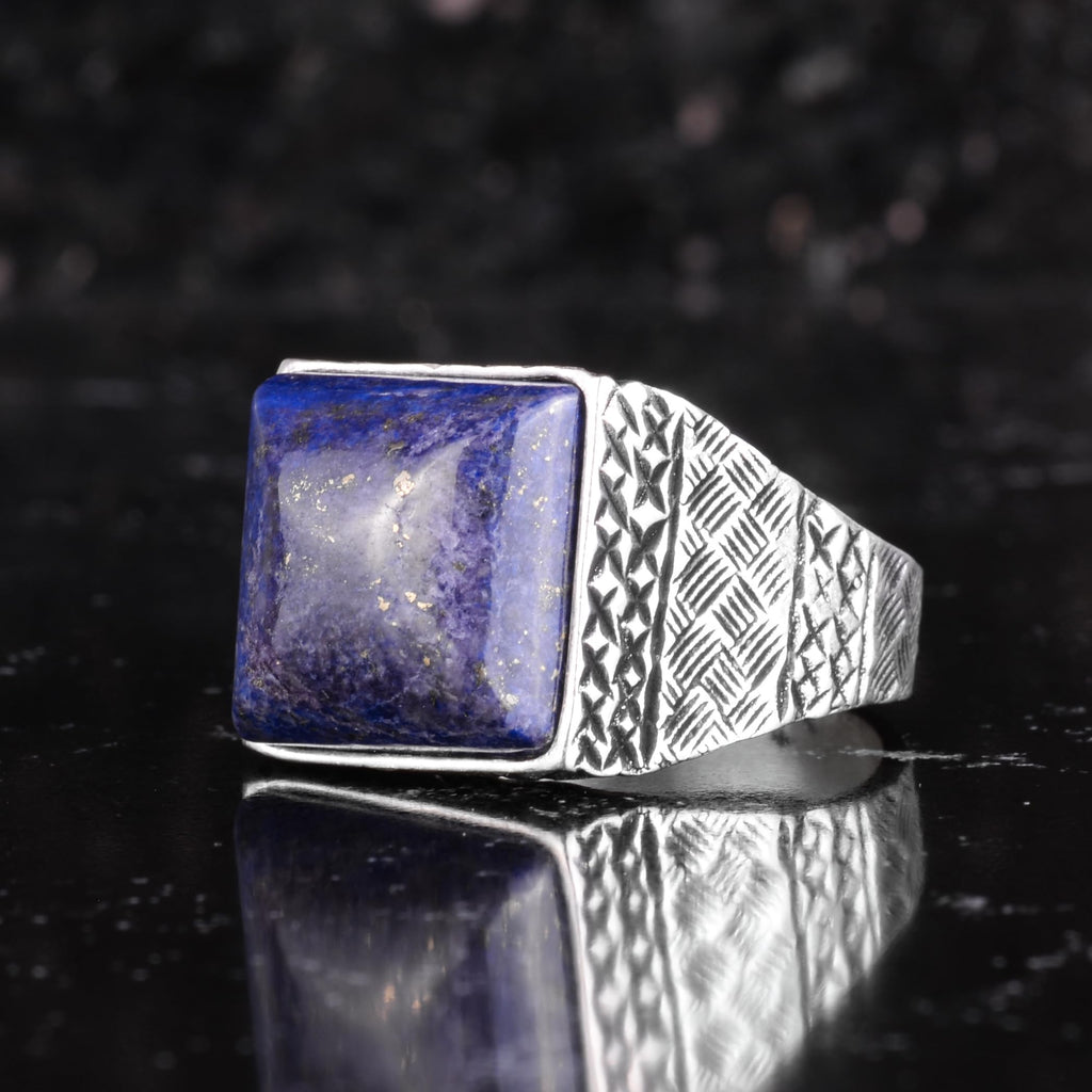 KAMBO Natural Stone Men's Ring 925 Sterling Silver Square Stone Handmade Statement Ring Unique Masculine Jewelry (Lapis Lazuli) — 5
