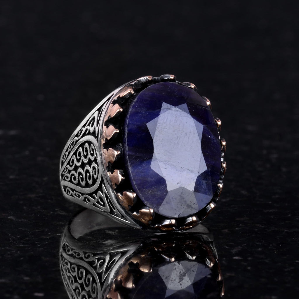 925 Sterling Silver Men's Ring - Blue Sapphire Stone — 4
