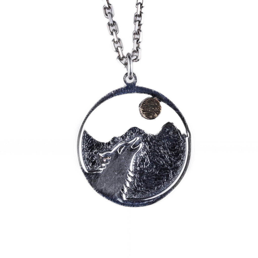 925 Sterling Silver Howling Wolf Necklace, Mountain and Moon Design, Nature-Themed Animal Jewelry