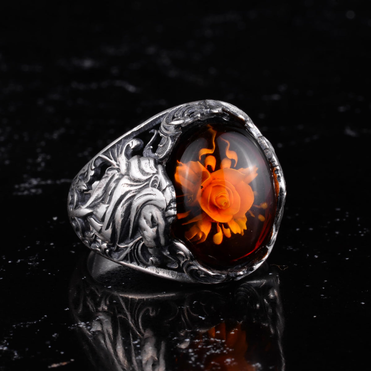 KAMBO Natural Stone Men's Ring 925 Sterling Silver - Large Flower Engraved Statement Ring - Handmade Vintage Ring for Men (Rose Amber) — 5