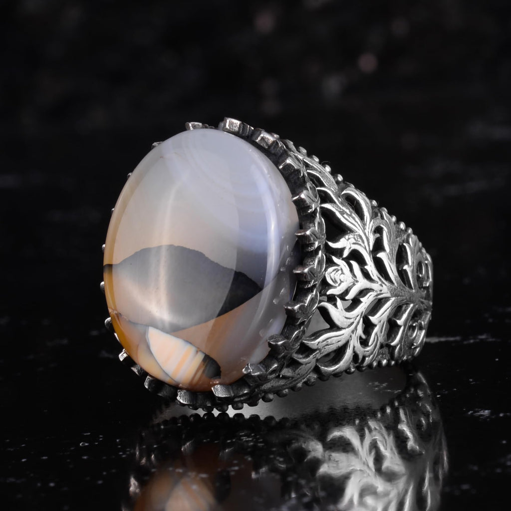 KAMBO Natural Yemen Agate Stone Ring – 925 Sterling Silver Decorative Men's Ring – Handmade Vintage Statement Ring (Yemen Agate-1) — 4