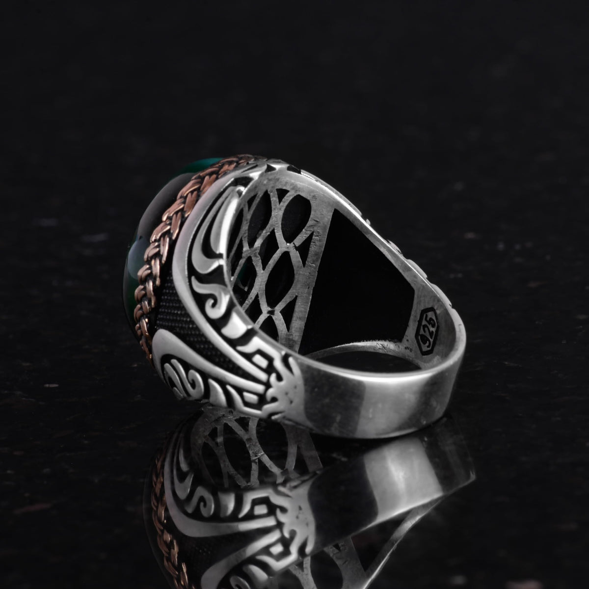 925 Sterling Silver Ring - Synthetic Stone Silver Ring - Handmade Ring (Dark Green Cat's Eye) — 7