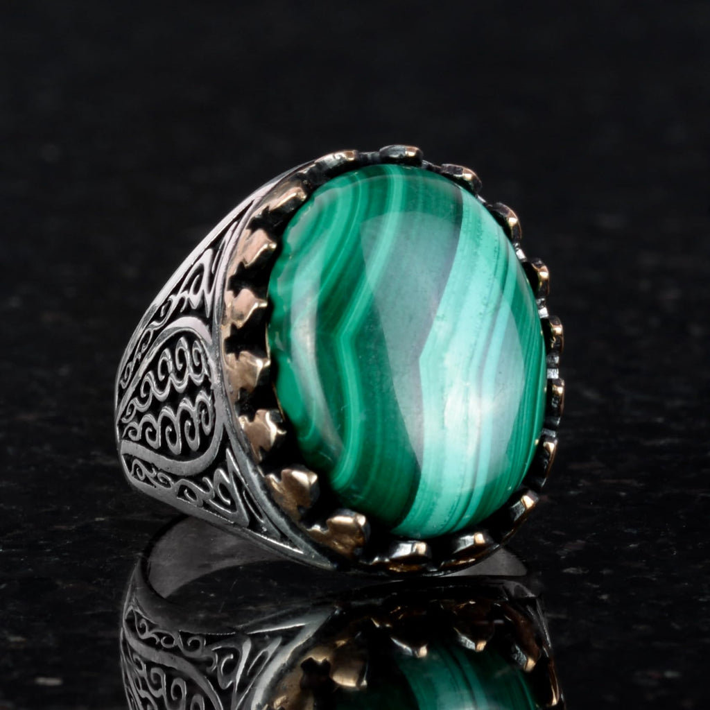 925 Sterling Silver Men's Ring - Natural Malachite Stone — 3