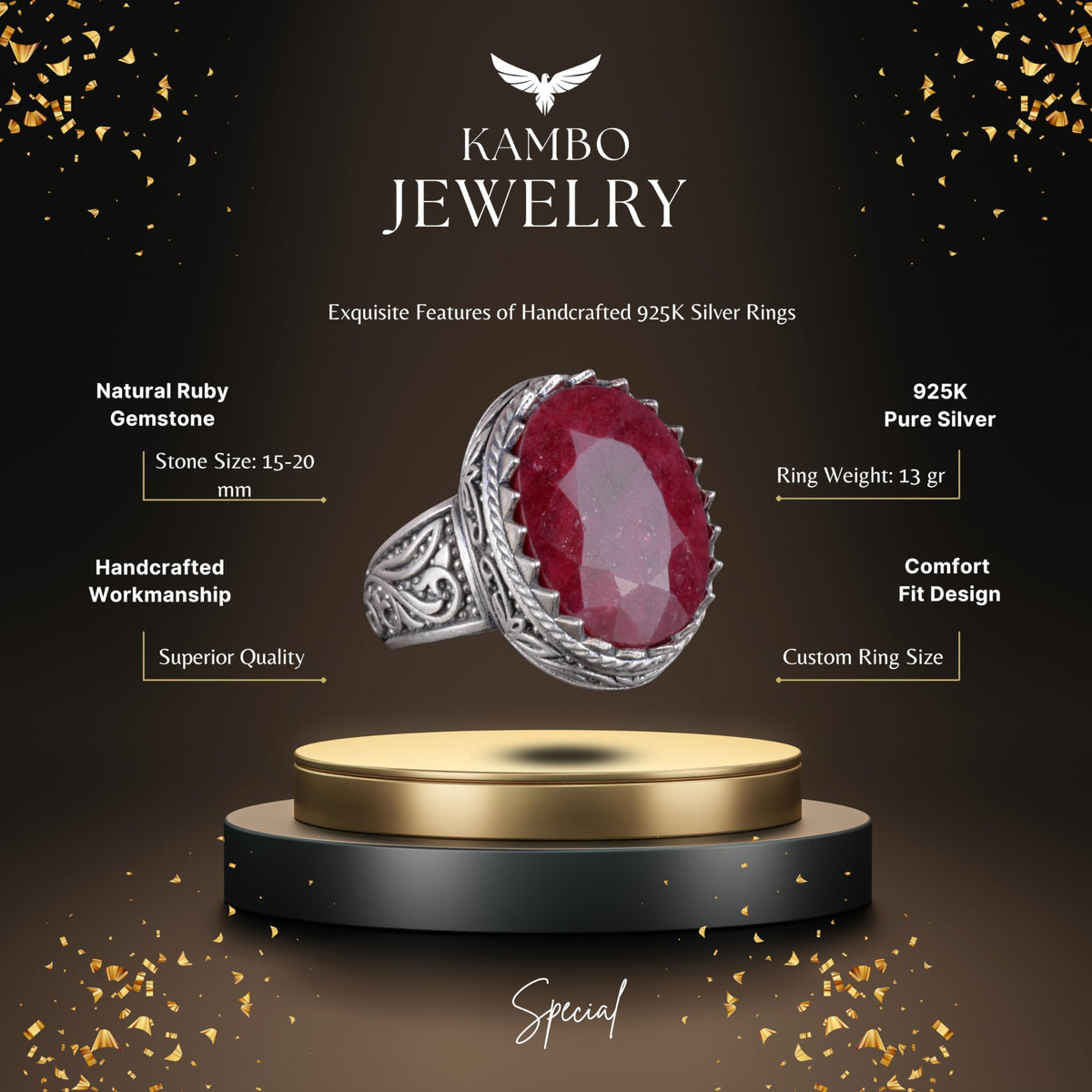 Natural Stone Ring - 925 Sterling Silver Ring (Ruby Stone) — 2
