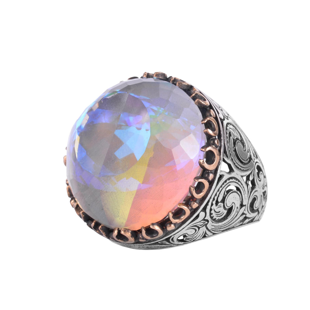 KAMBO Natural Mystic Topaz Round Large Men's Ring – Certified Mystic Topaz Stone – 925 Sterling Silver Handmade Statement Ring – Vintage Ottoman Style Men's Jewelry