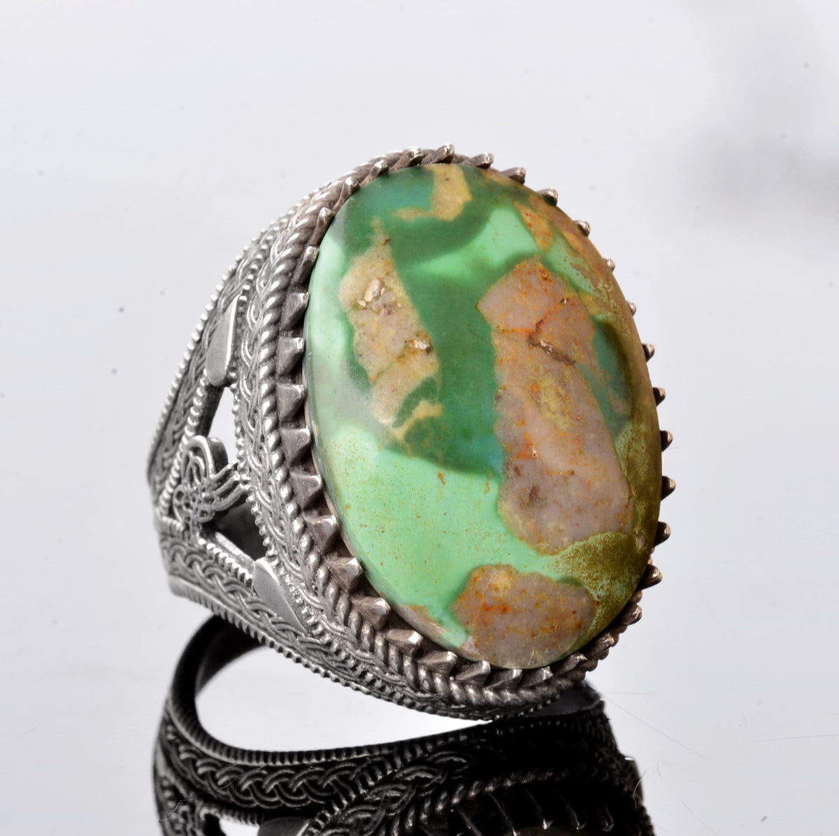 KAMBO Handmade Genuine Natural Arizona Turquoise Gemstone Ring for Men, Ottoman Seal Design, Vintage Statement 925 Solid