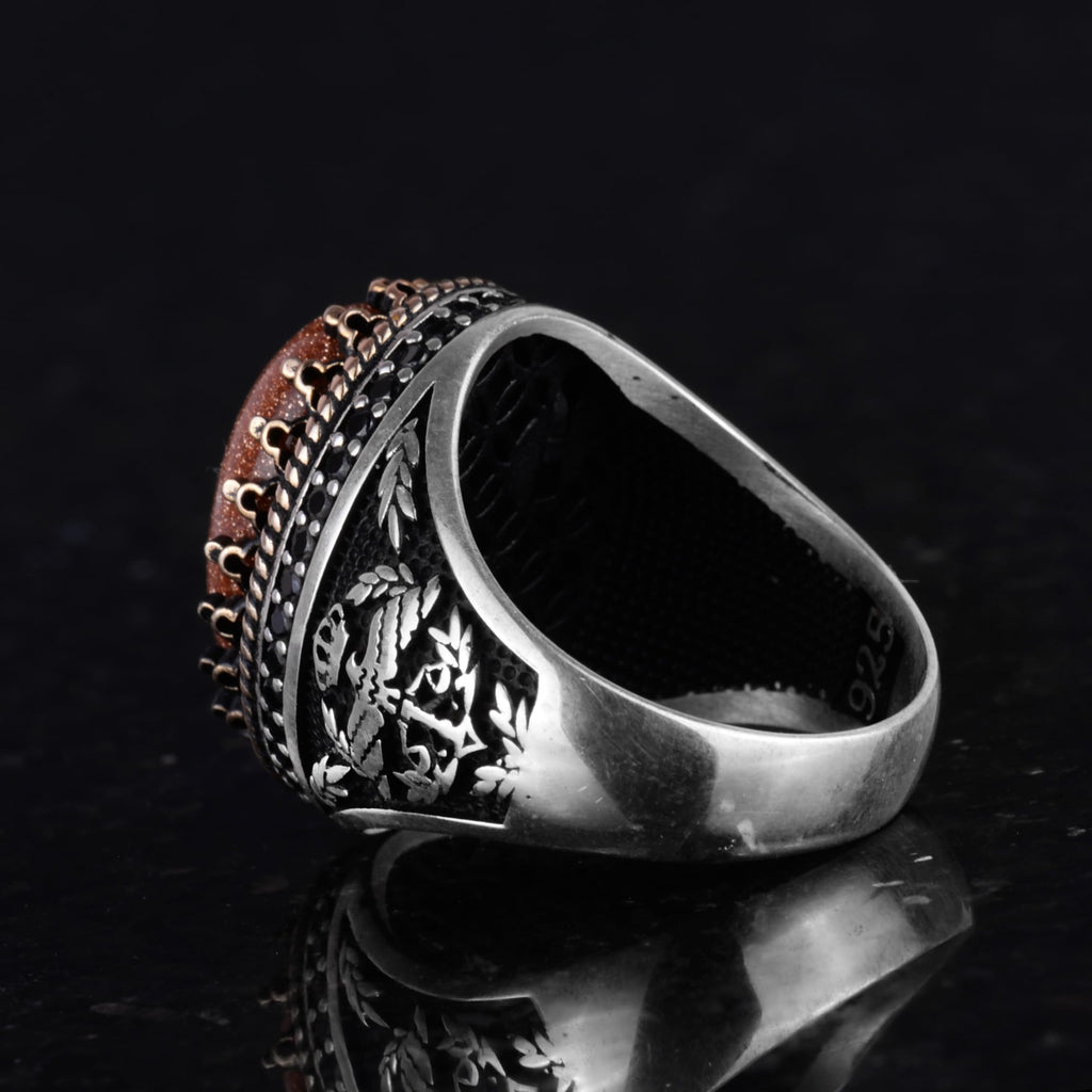 925 Sterling Silver Ring, Artificial Stone Ring, Hawk Symbol Ring, Handmade Ring (Brown Sunstone) — 5