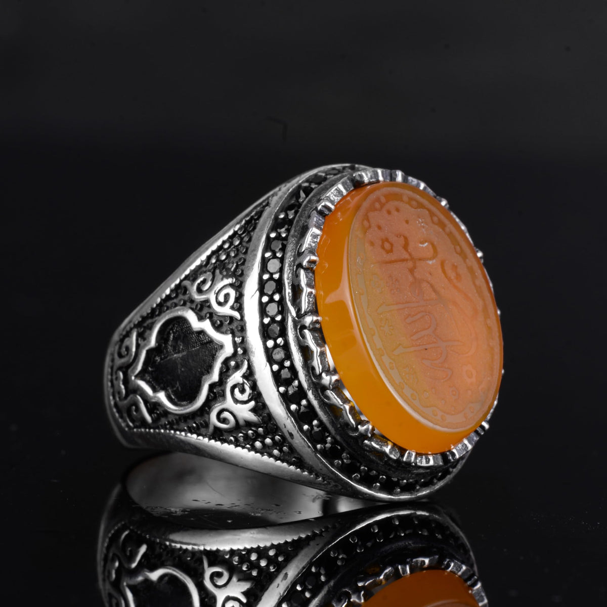 KAMBO Natural Yellow Agate Islamic Men's Ring – 925 Sterling Silver Oval Engraved Stone Spiritual Design — 6
