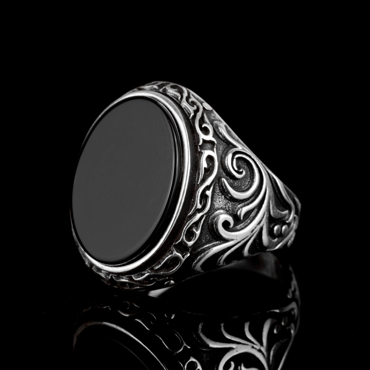 925 Sterling Silver Men's Ring with Natural Black Onyx Stone — 5