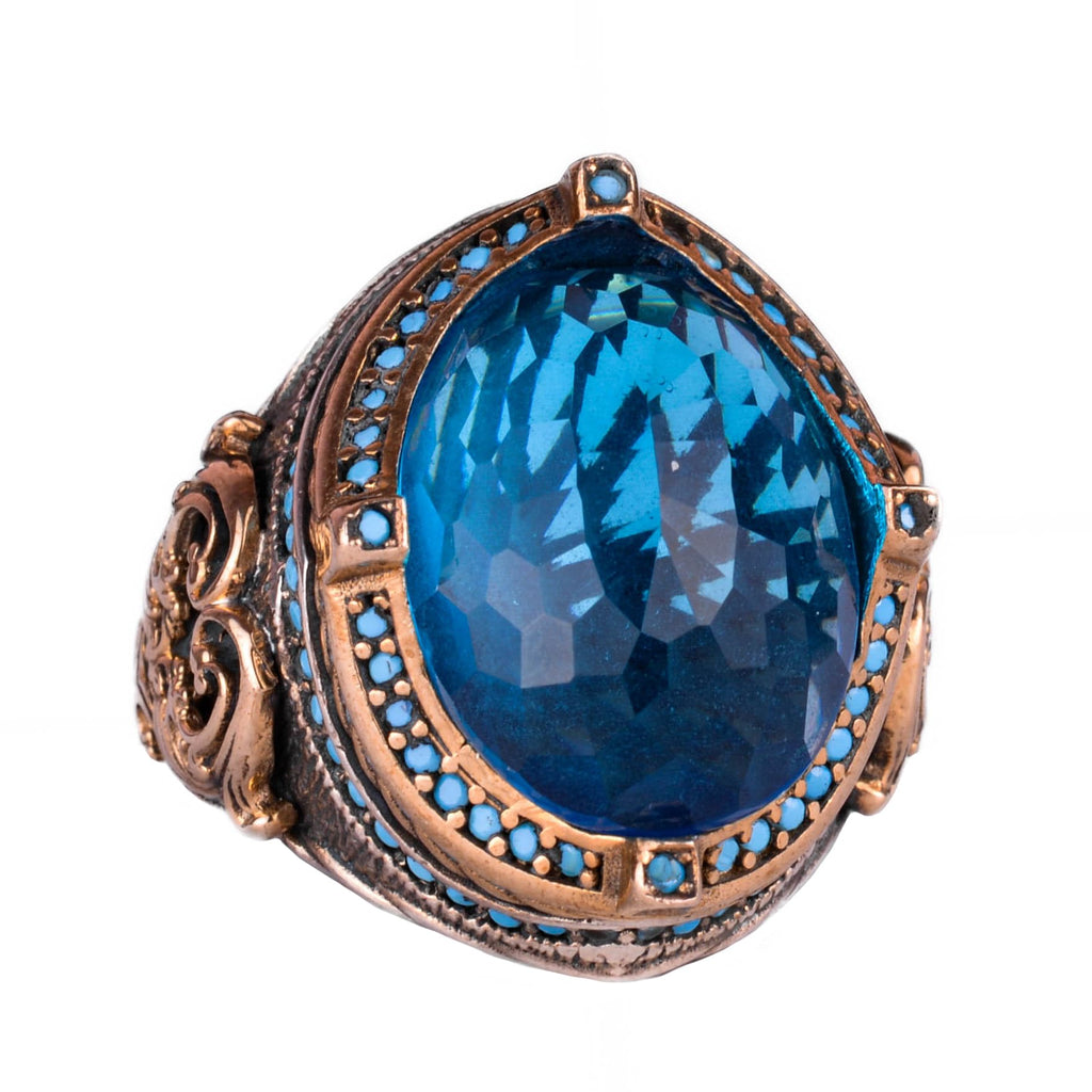 925 Sterling Silver Men's Ring, Synthetic Aquamarine Stone, Handcrafted Vintage Design Statement Ring