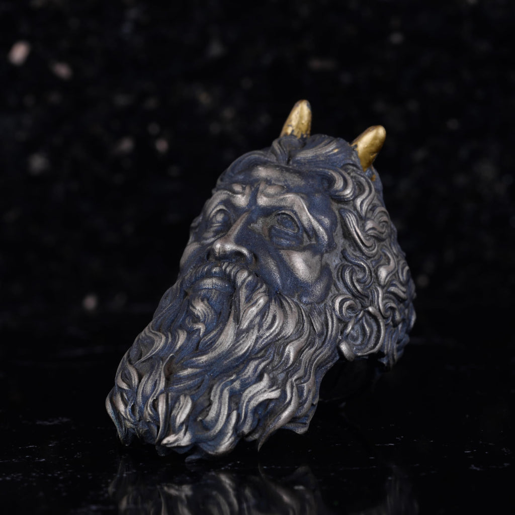 KAMBO Horned Elder Men's Ring – Gold Plated Horned 925 Sterling Silver – Mythological Bearded God Gothic Statement Ring – Handmade Artisan Jewelry — 5