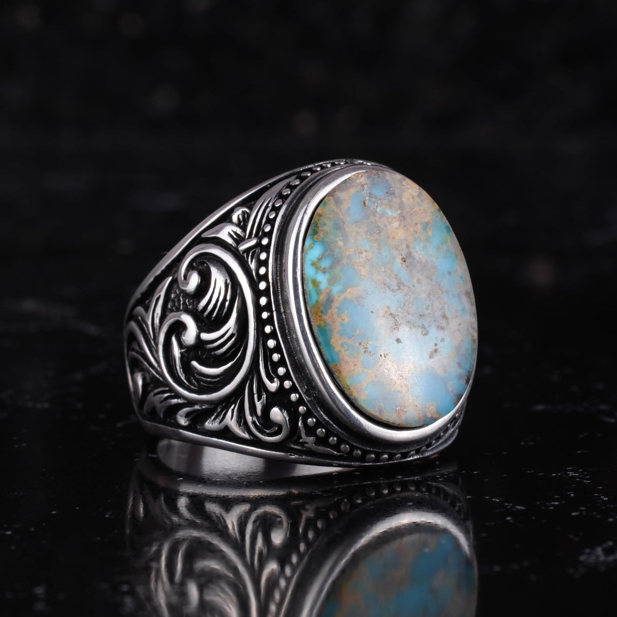 KAMBO Natural Turquoise Stone Men's Ring 925 Sterling Silver Oval Cabochon Ottoman Sliding Pattern Handmade Vintage Style Ring (Turquoise-4) — 6