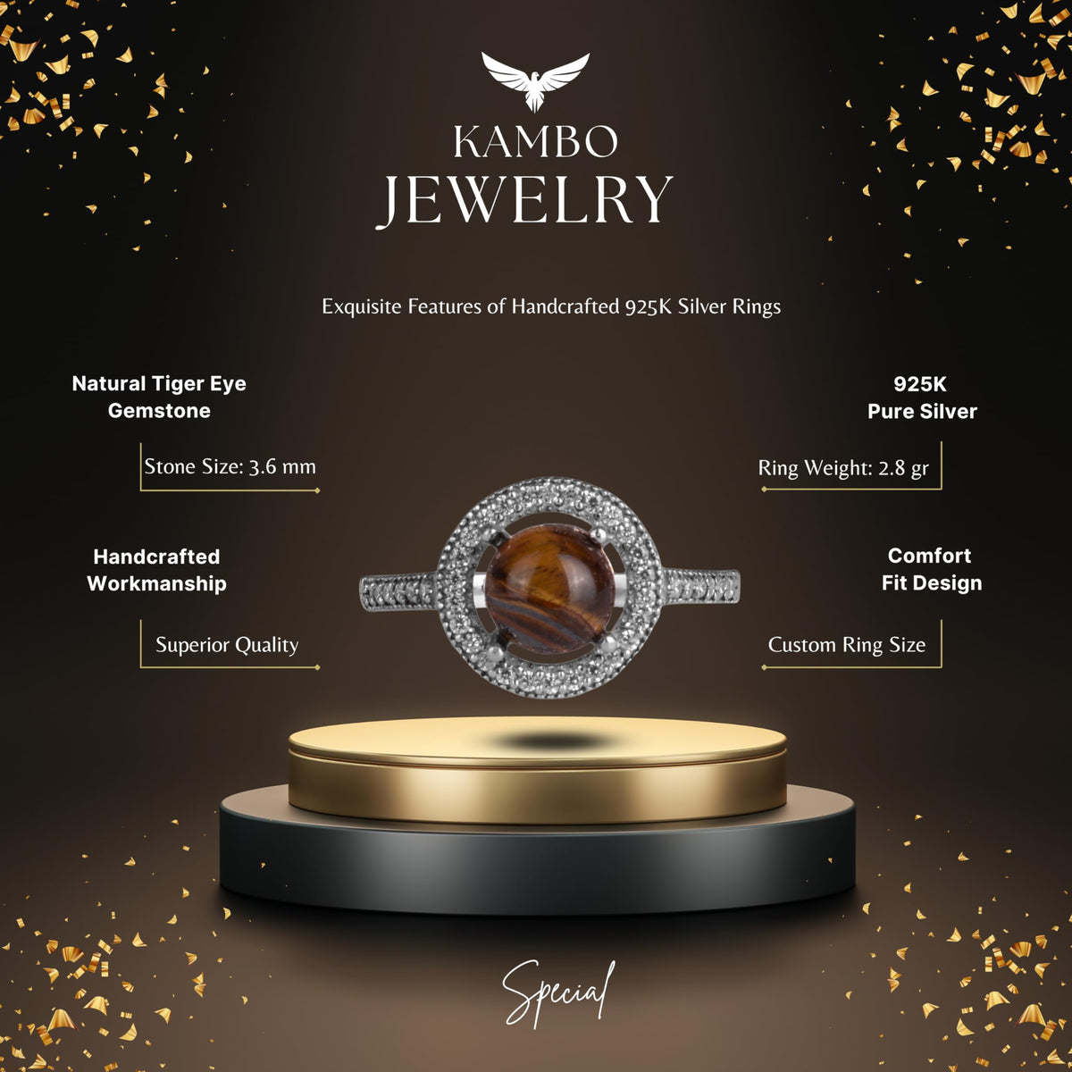 KAMBO Natural Tiger's Eye Stone 925 Sterling Silver Women's Ring – Elegant Halo Design Jewelry — 2