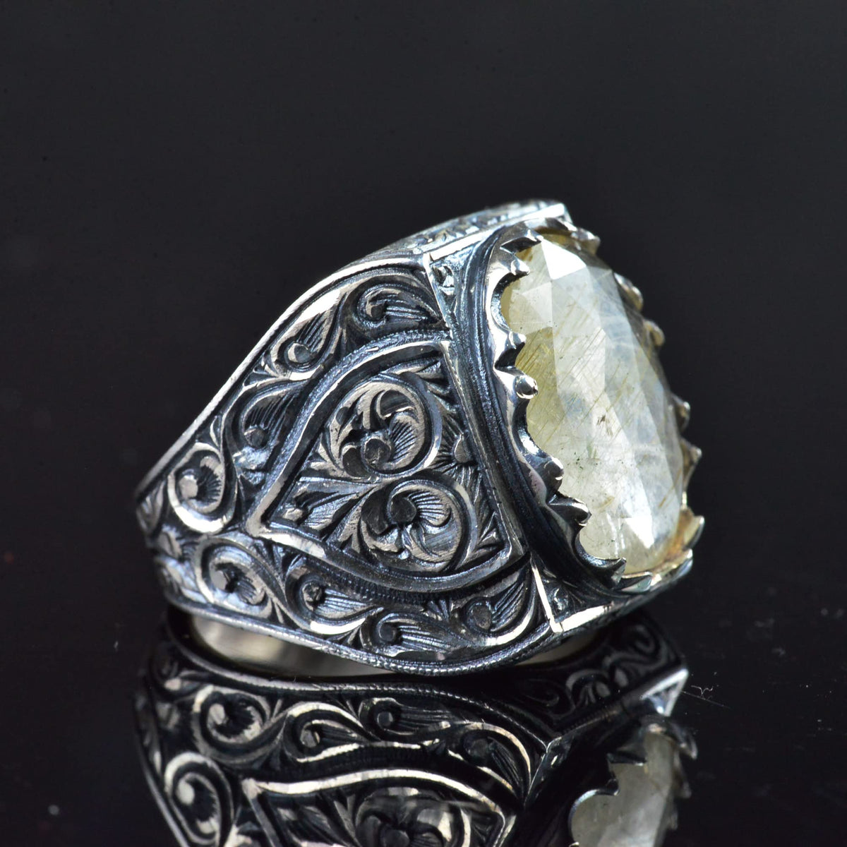 KAMBO Handmade Vintage Men's Ring with Natural Rutilated Quartz Gemstone, Intricate King-Inspired Engraved Design, 925 S