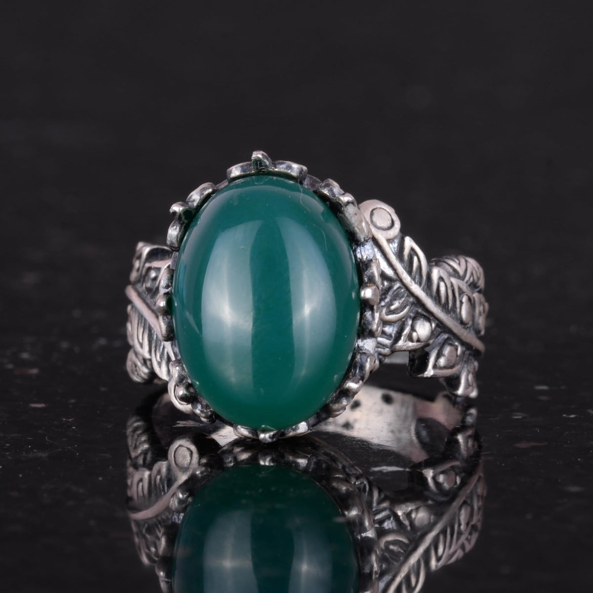 Vintage Bohemian Design Silver Women's Ring with Natural Jade Stone — 6