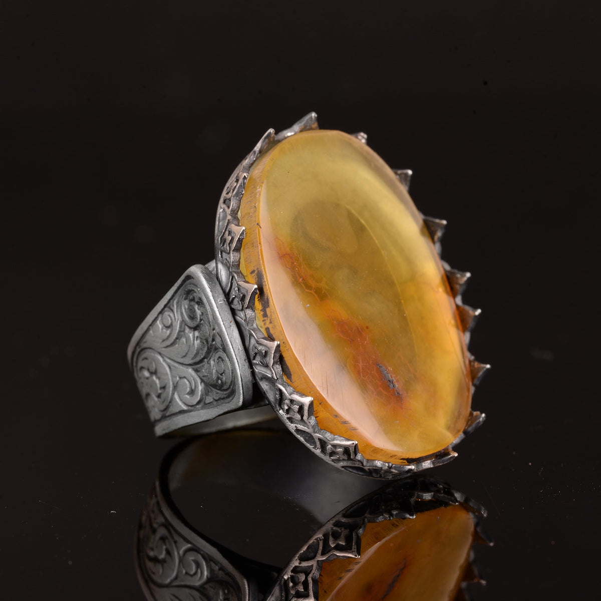 Natural Nobility Big Ring Collection: 925 Sterling Silver Men's Ring - Amber Stone — 4