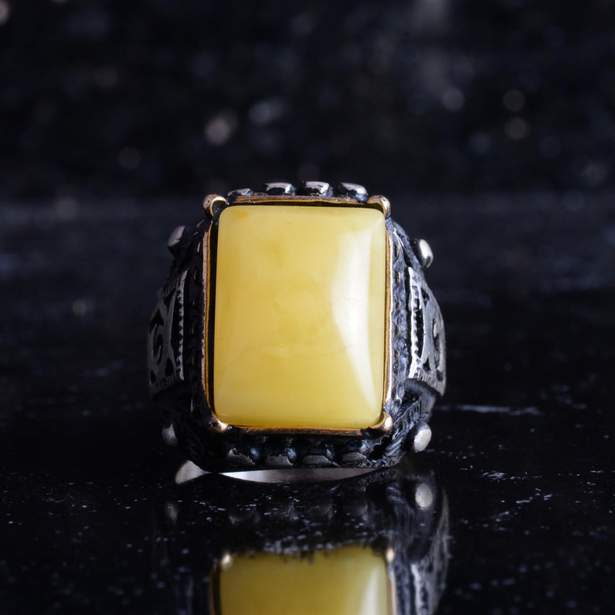 KAMBO Natural Amber Stone Men's Ring 925 Sterling Silver – Rectangular Stone Handmade Vintage Statement Ring — 4
