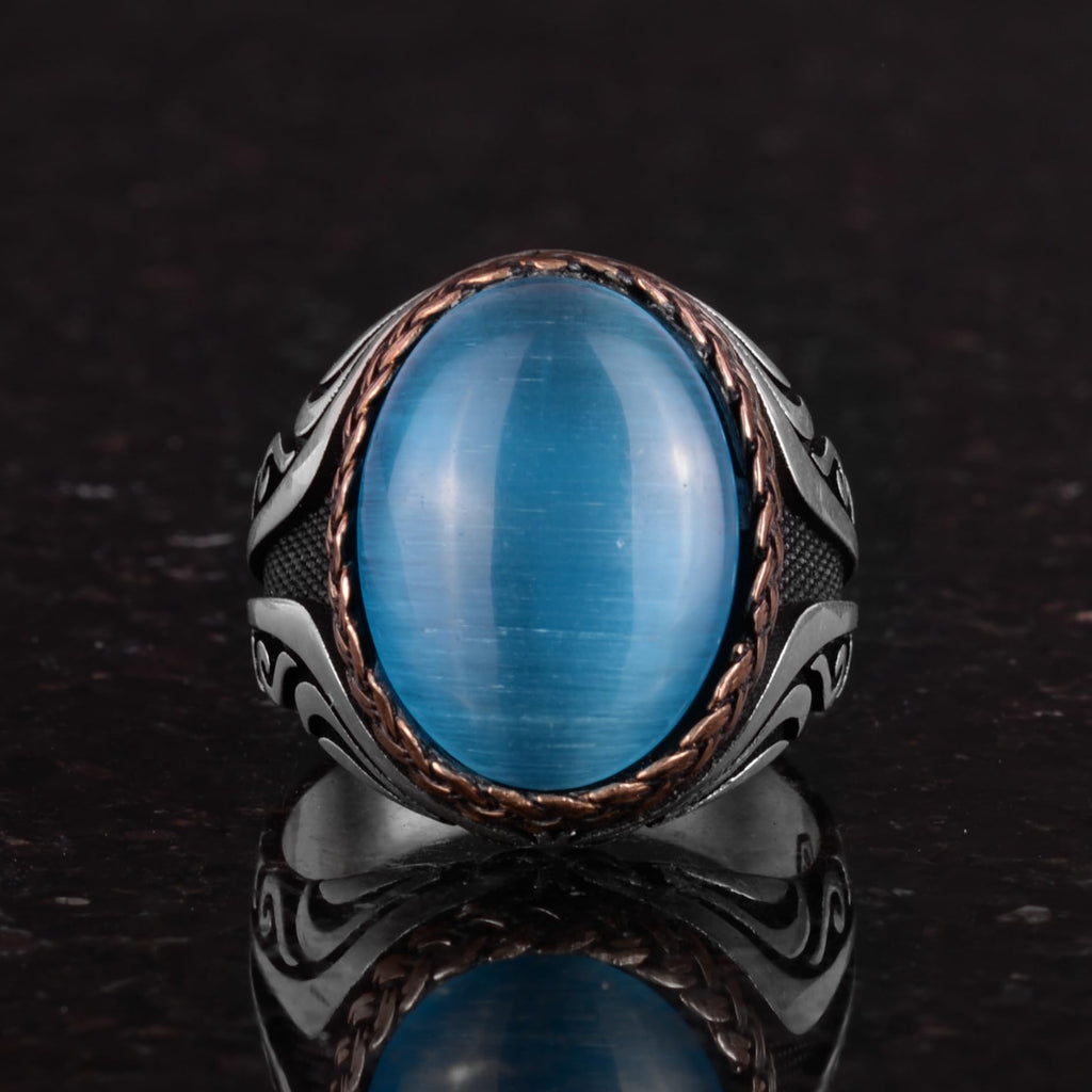 925 Sterling Silver Ring - Synthetic Stone Silver Ring - Handmade Ring (Light Blue Cat Eye) — 5