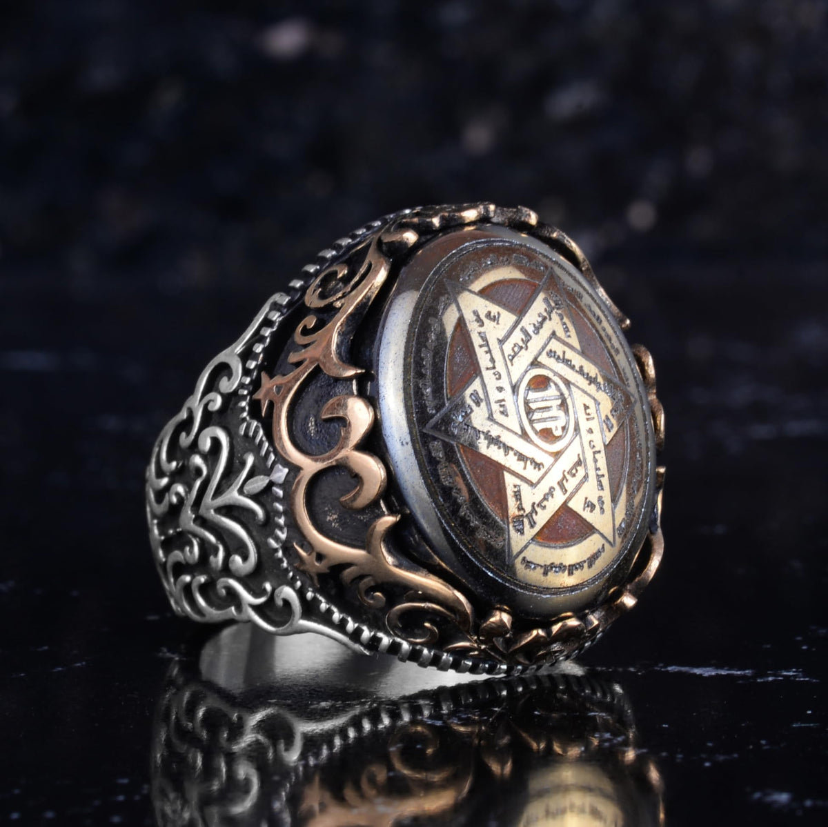 KAMBO Hematite Star of David Men's Ring 925 Sterling Silver – Engraved Seal of Solomon Handmade Vintage Religious Ring — 6