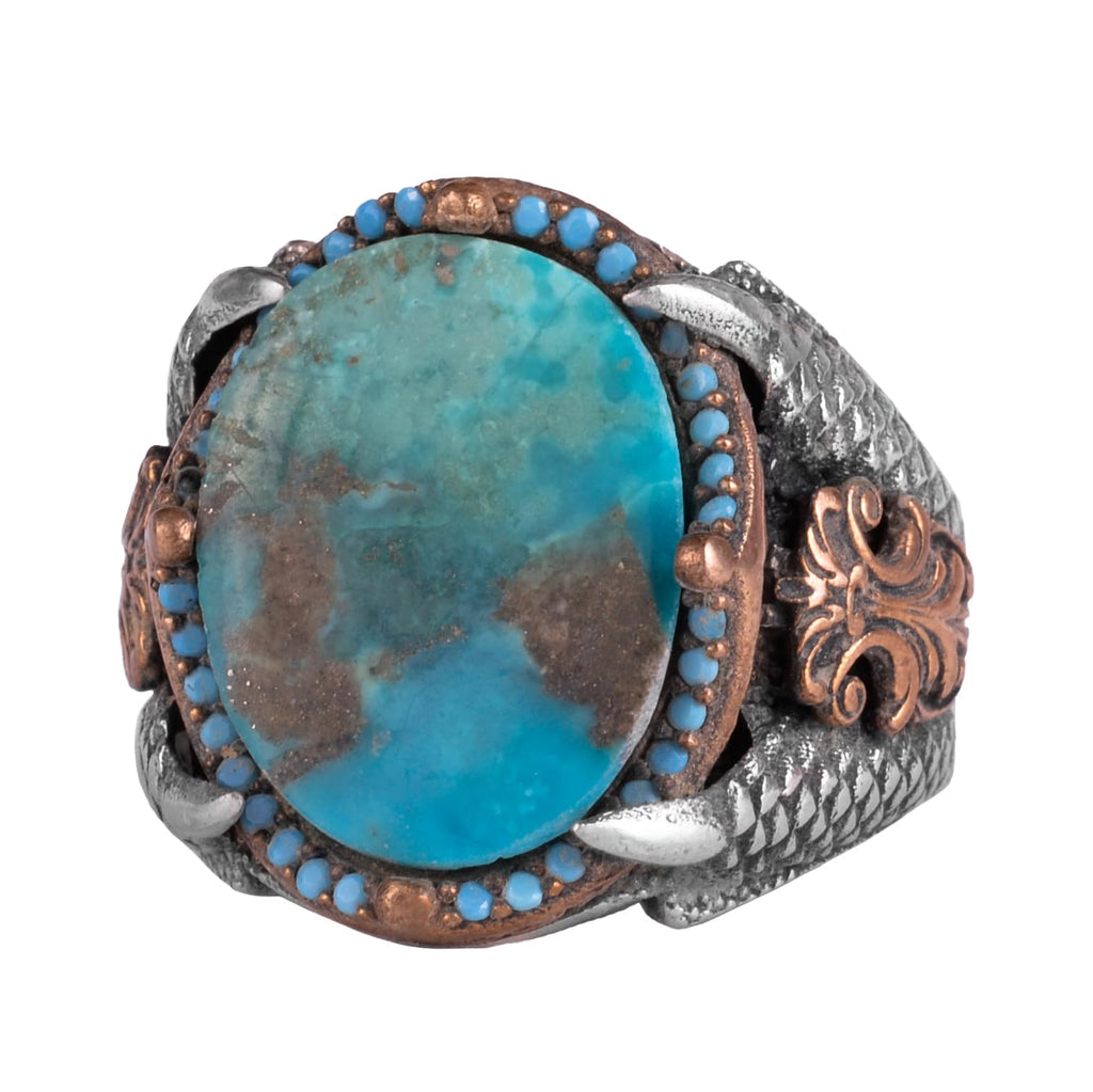 KAMBO Raw Turquoise Oval Stone Claw Setting – Bronze Detailed Silver Artisan Men's Statement Accessory (D)