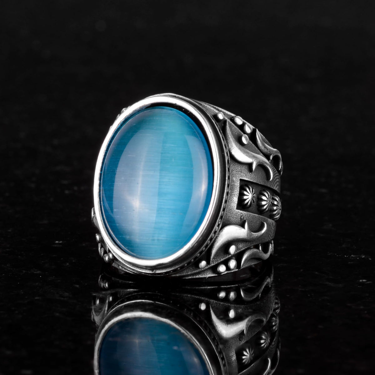 925 Sterling Silver Men's Ring - Designer Silver Men's Ring (Artificial Light Blue Cat's Eye Stone) — 4