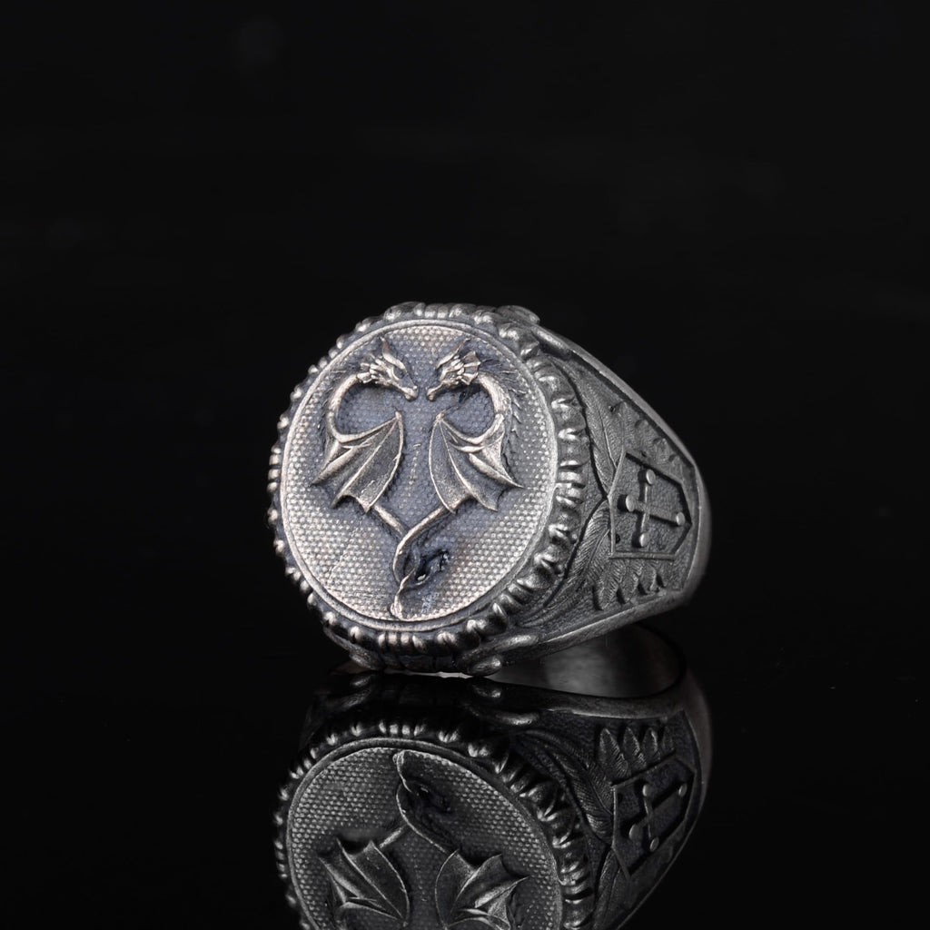 KAMBO 925 Sterling Silver Double Dragon Ring – Handmade Gothic Men's Ring – Fantasy Legendary Creature Jewelry – Bold Statement Ring (Silver) — 5