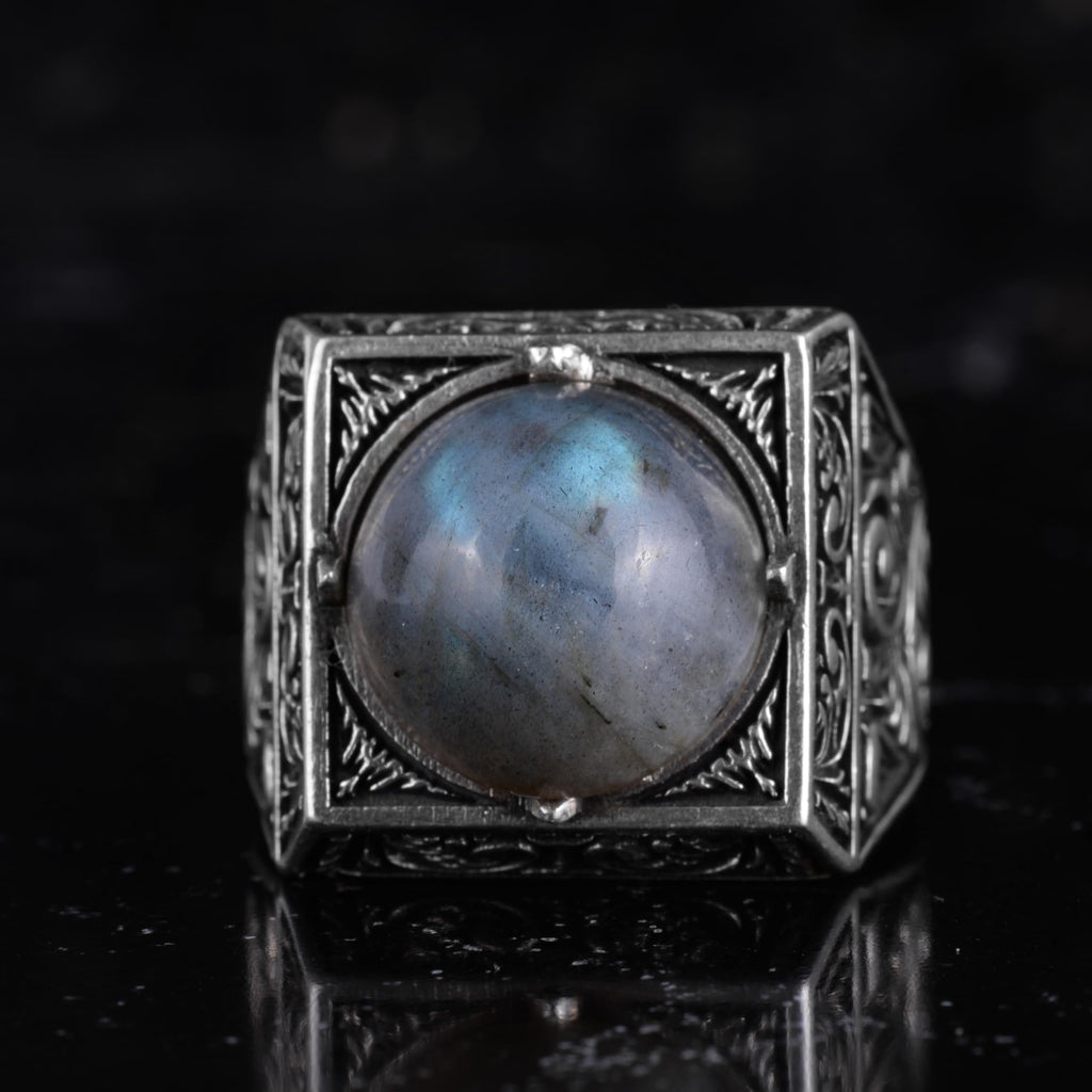 KAMBO Natural Round Stone Square Men's Ring 925 Sterling Silver – Ottoman Pattern Handmade Stone Ring (Labradorite) — 4