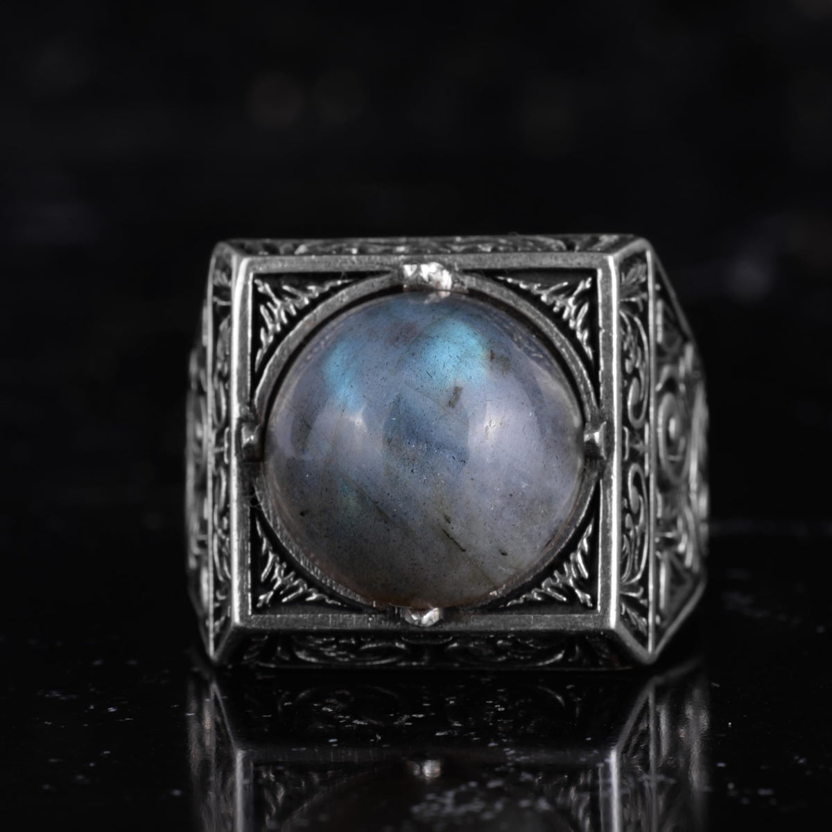 KAMBO Natural Round Stone Square Men's Ring 925 Sterling Silver – Ottoman Pattern Handmade Stone Ring (Labradorite) — 4