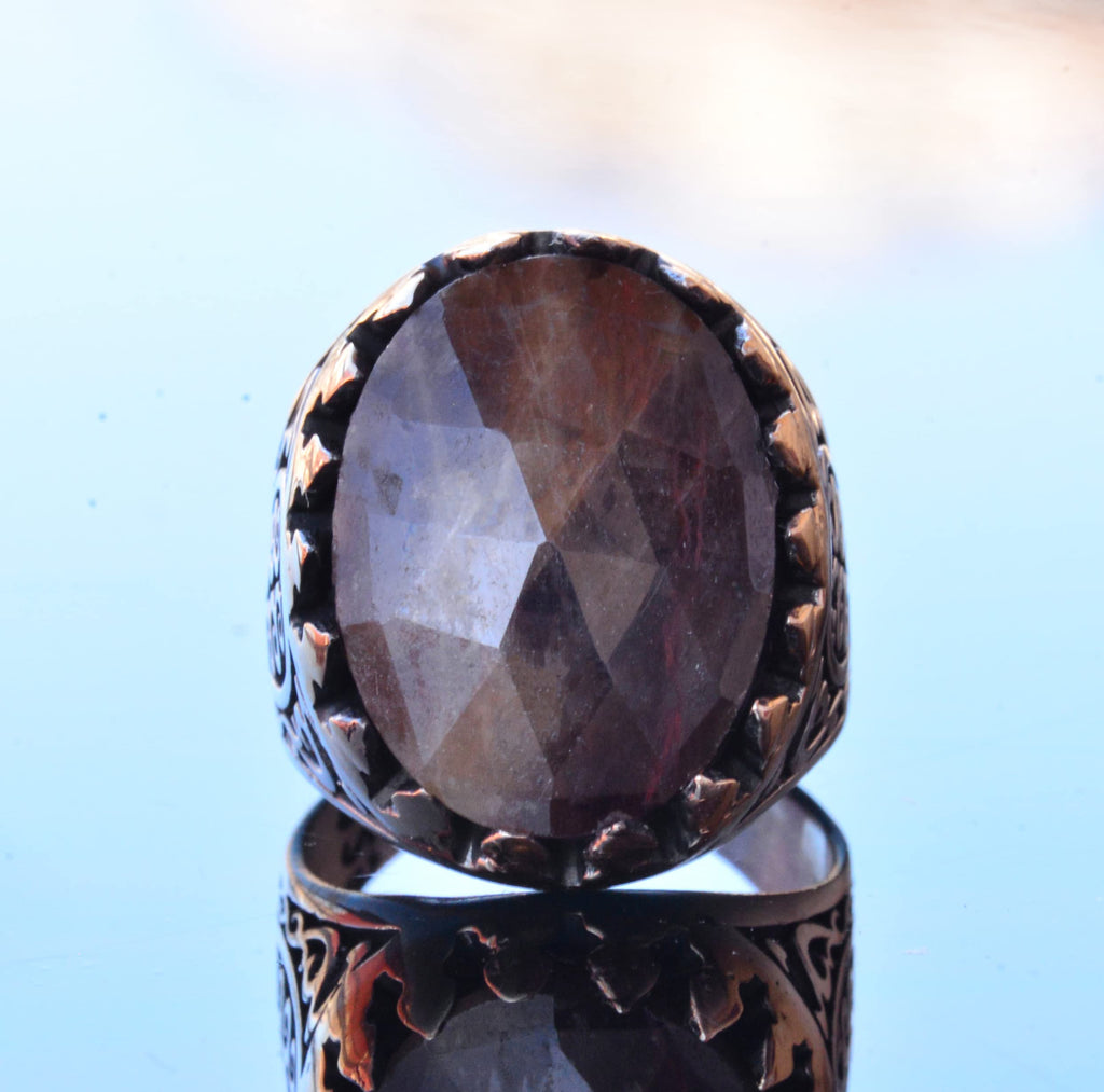 KAMBO Handmade 925 Sterling Silver Men's Ring with Genuine Natural Sapphire Oval Gemstone, Art Deco Vintage Statement De