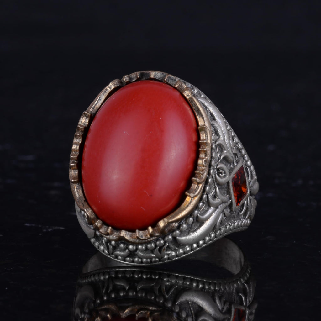Artificial Stone Ring - Handmade Men's Ring - Stylish 925 Sterling Silver Men's Jewelry (Artificial Coral) — 6