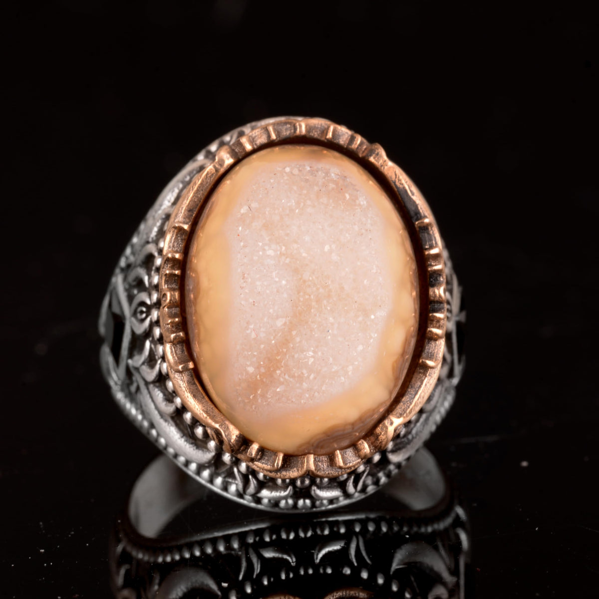 Vintage Men's 925 Sterling Silver Ring - Druzy Quartz (Beige) — 2