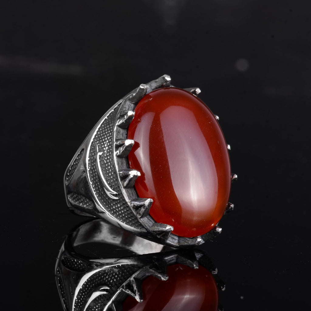 KAMBO Natural Stone Men's Large Ring – 925 Sterling Silver Ottoman Sword Motif Signet Ring (Red Agate) — 6