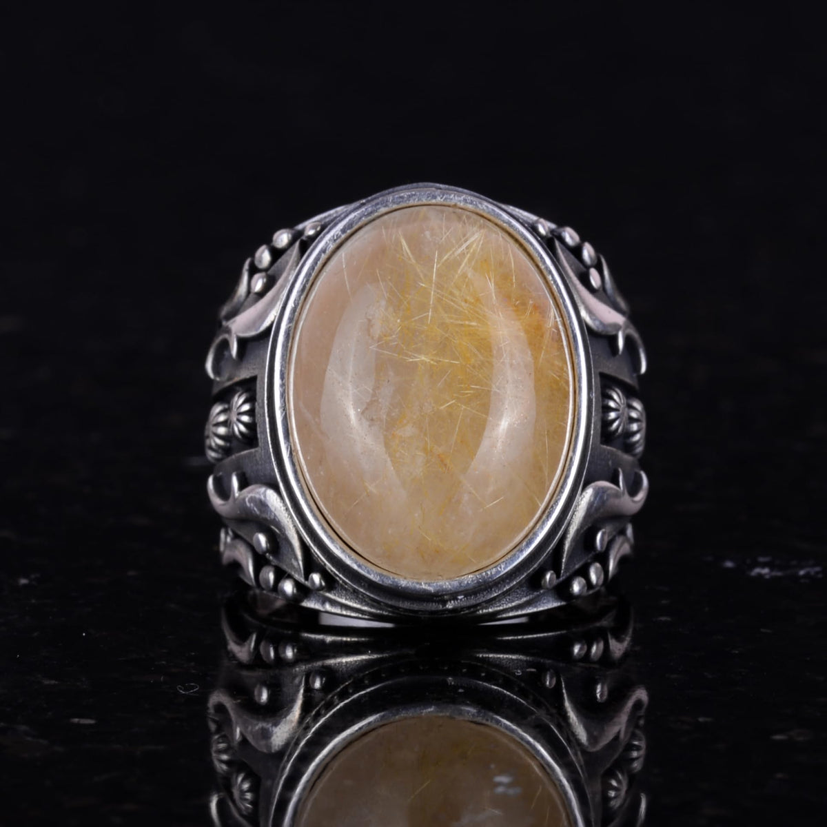 Natural Cabochon Gold Rutilated Quartz Stone Ring — 4