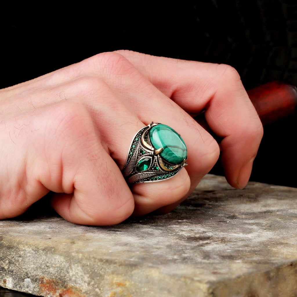 Natural Malachite Stone Ring - 925 Sterling Silver Men's Ring (Model-2) — 4