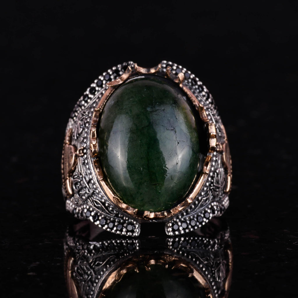 Al-Aqsa Mosque Pattern Cabochon Emerald Stone Ring, 925 Sterling Silver Men's Ring — 4