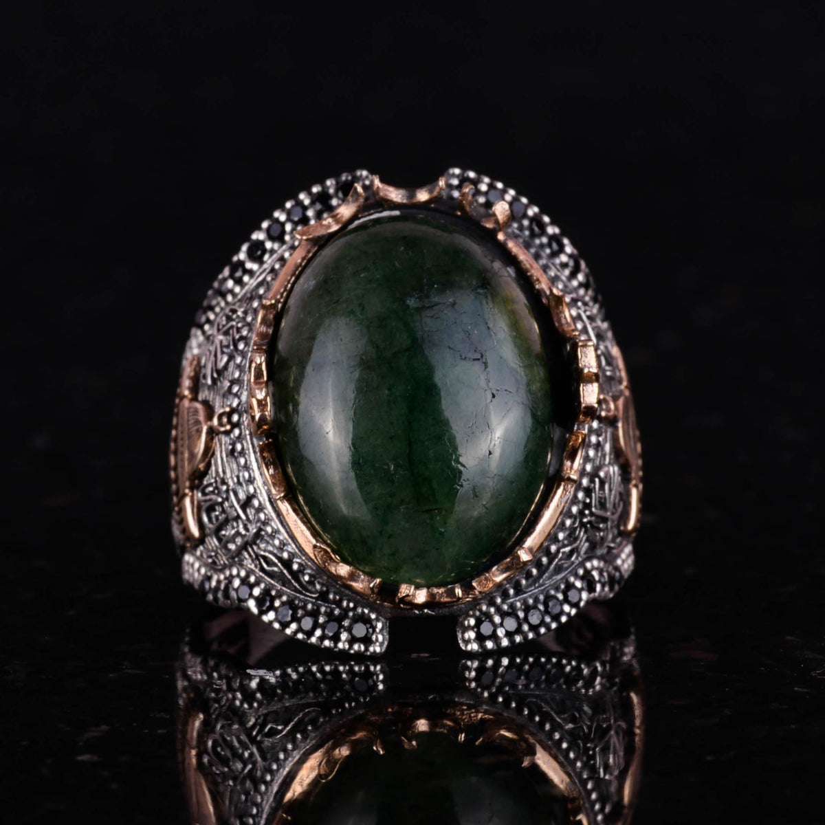 Al-Aqsa Mosque Pattern Cabochon Emerald Stone Ring, 925 Sterling Silver Men's Ring — 4