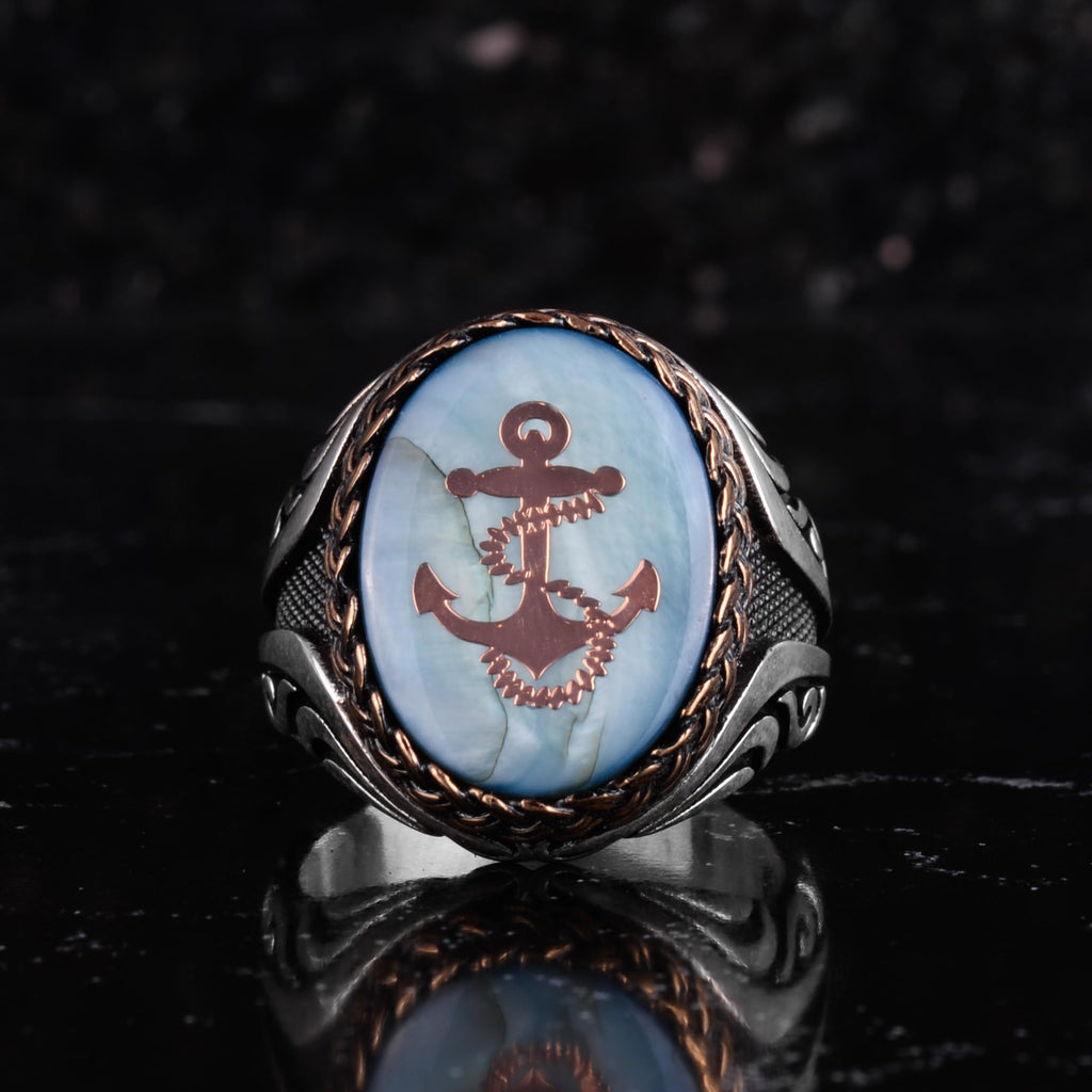 KAMBO Nautical Anchor Men's Ring - Blue Inlay Surface and Rose Gold Anchor Emblem 925 Sterling Silver Oval Seal Ring - Sailor Style Jewelry — 4