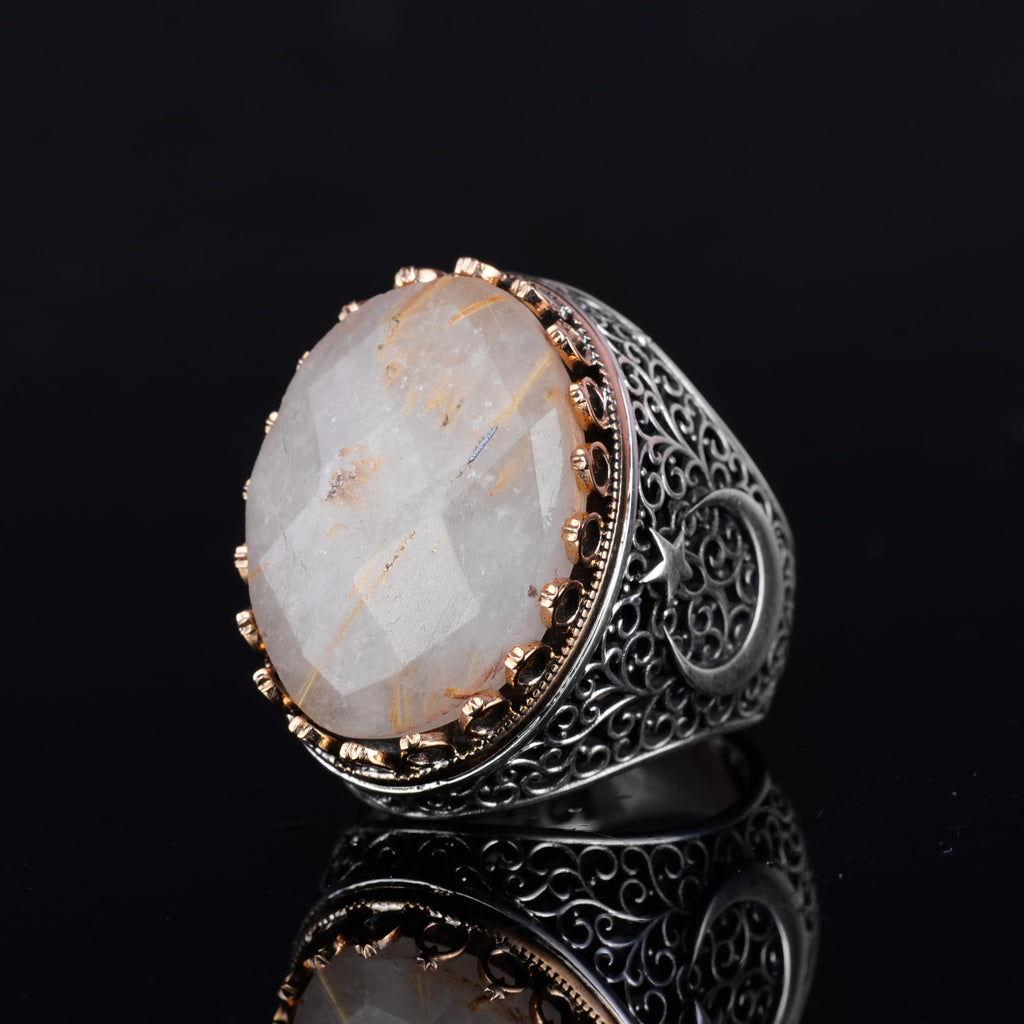 KAMBO 925 Sterling Silver Men's Natural Stone Ring - Moon and Star Design - Handmade Vintage Jewelry (Golden Rutilated Quartz) — 6