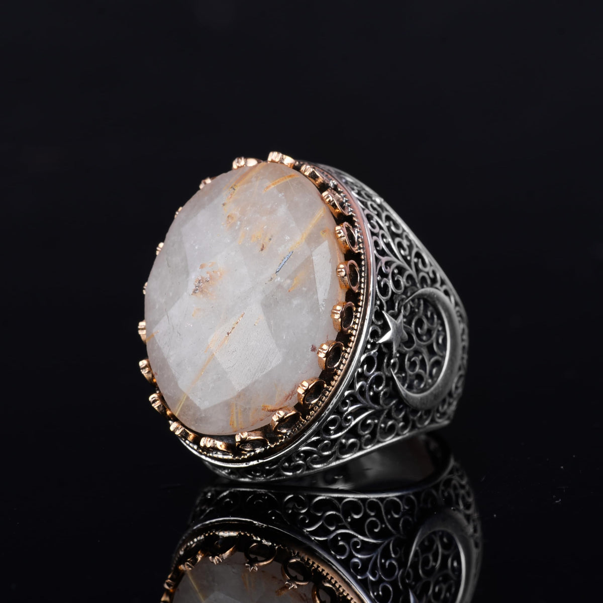 KAMBO 925 Sterling Silver Men's Natural Stone Ring - Moon and Star Design - Handmade Vintage Jewelry (Golden Rutilated Quartz) — 6